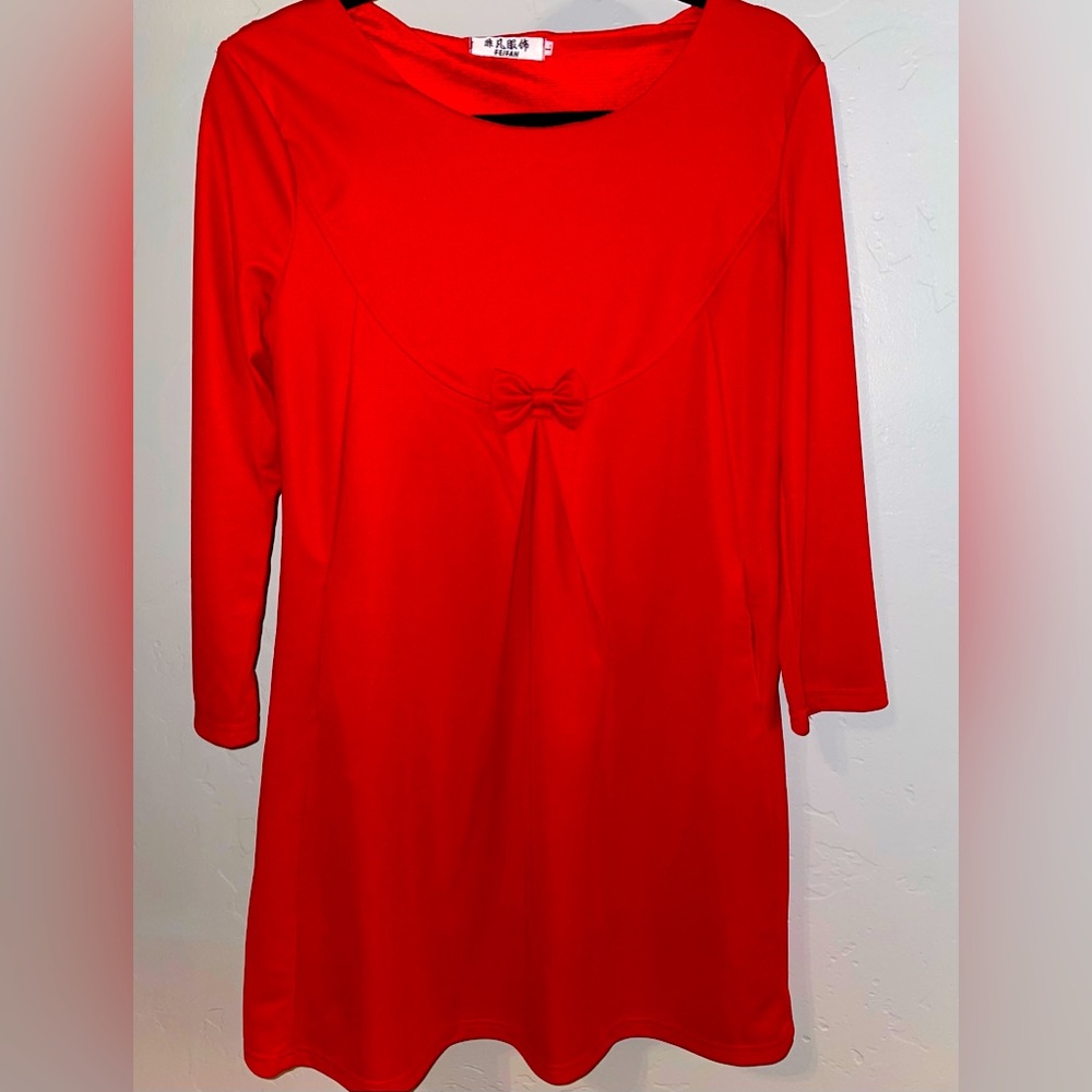 Maternity Dress - Red w Lace Back - Stretchy Poly Blend, Side Zip, pockets sz. L